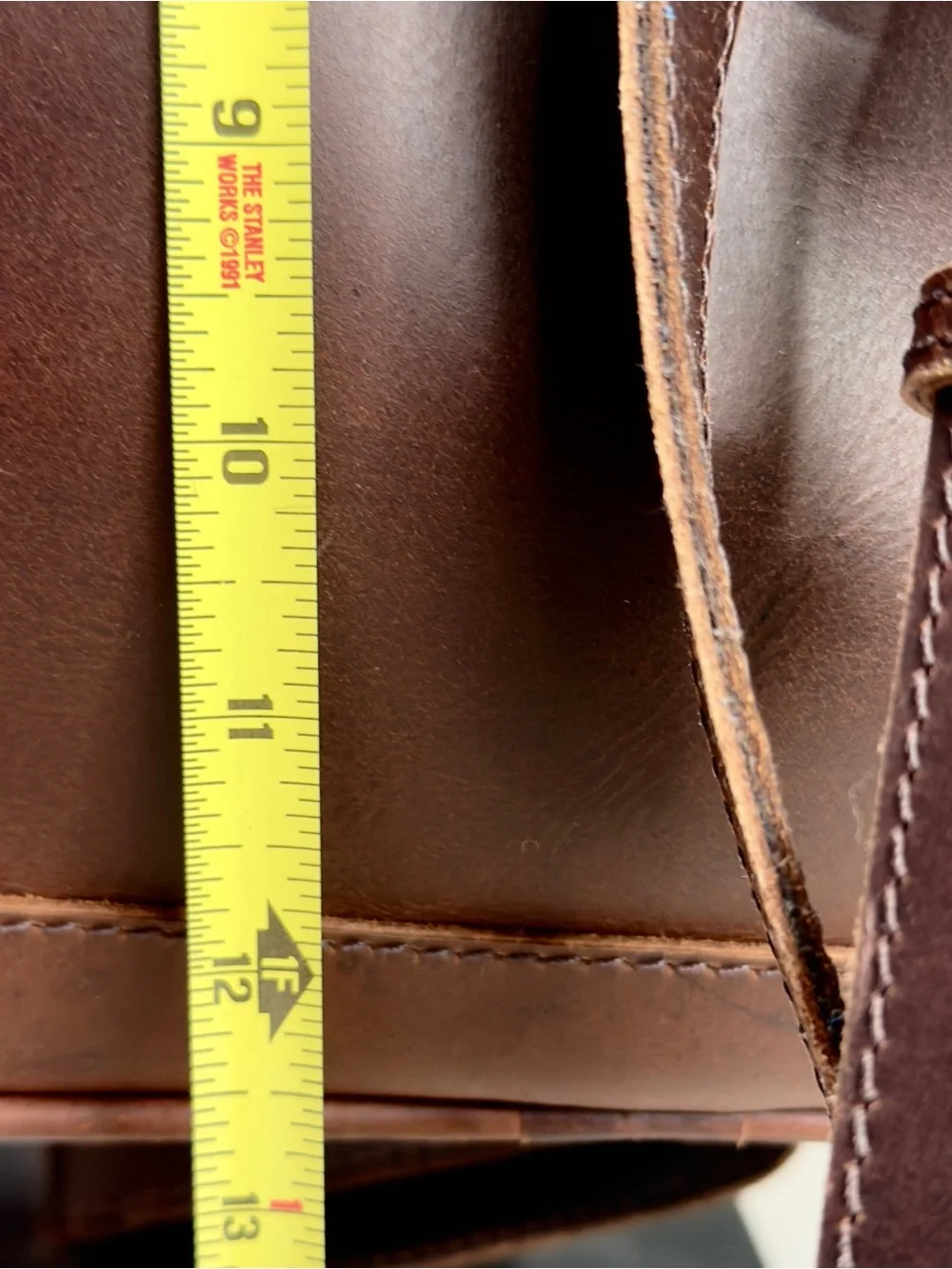 Western Look Convertible Brown Leather Tote with cross stitch Geo. Front Tote